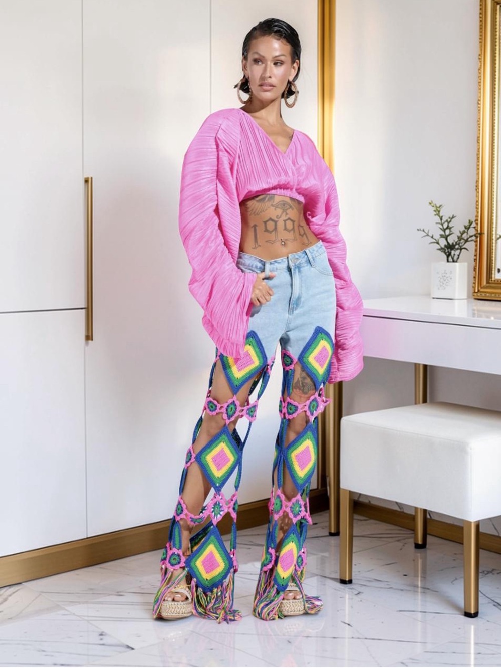 Akira NWT Sz XL Colorful Granny Square Crochet Flare Fringe Jeans (0816)
